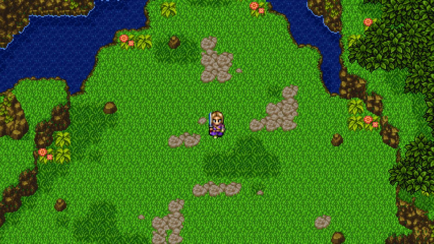 Un personaje con espada está en un campo verde junto a un río.