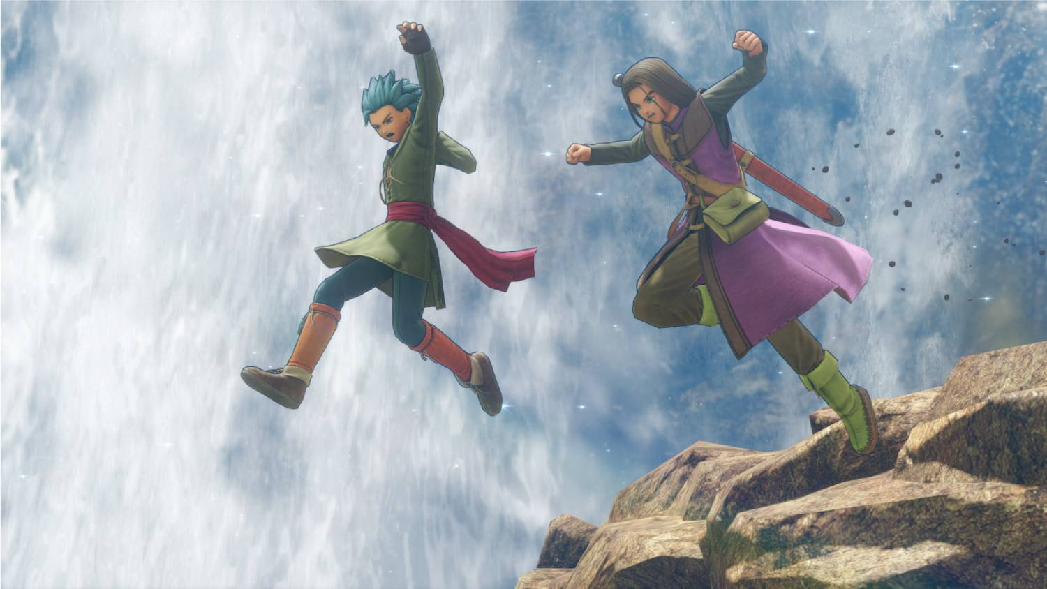 Dos figuras animadas saltan contra un cielo neblinoso y rocas.