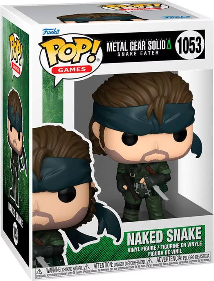 Figura Funko Pop de Naked Snake de Metal Gear Solid, con pistola y cuchillo.