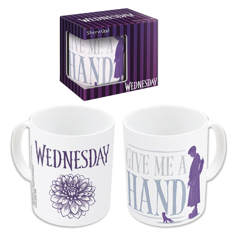 Taza blanca con texto morado 'WEDNESDAY' y flor; otra con 'GIVE ME A HAND'.