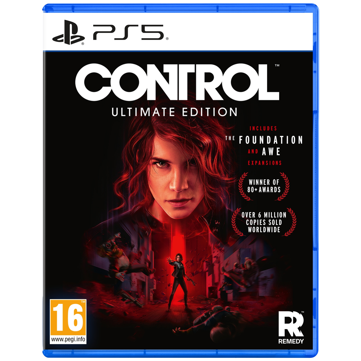Couverture du jeu PS5 Control Ultimate Edition avec une femme et du texte.