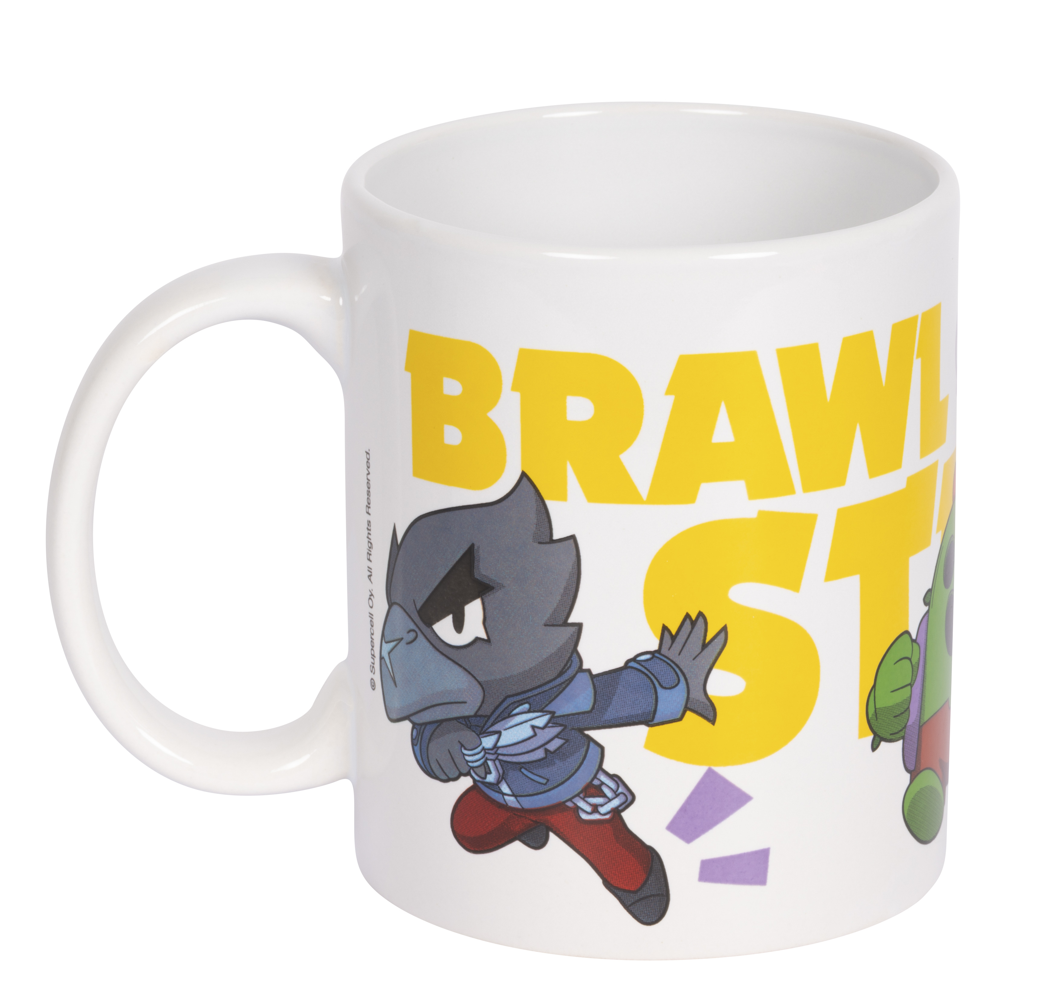 Weiße Tasse mit Brawl Stars-Motiv: Crow und ein grüner Charakter