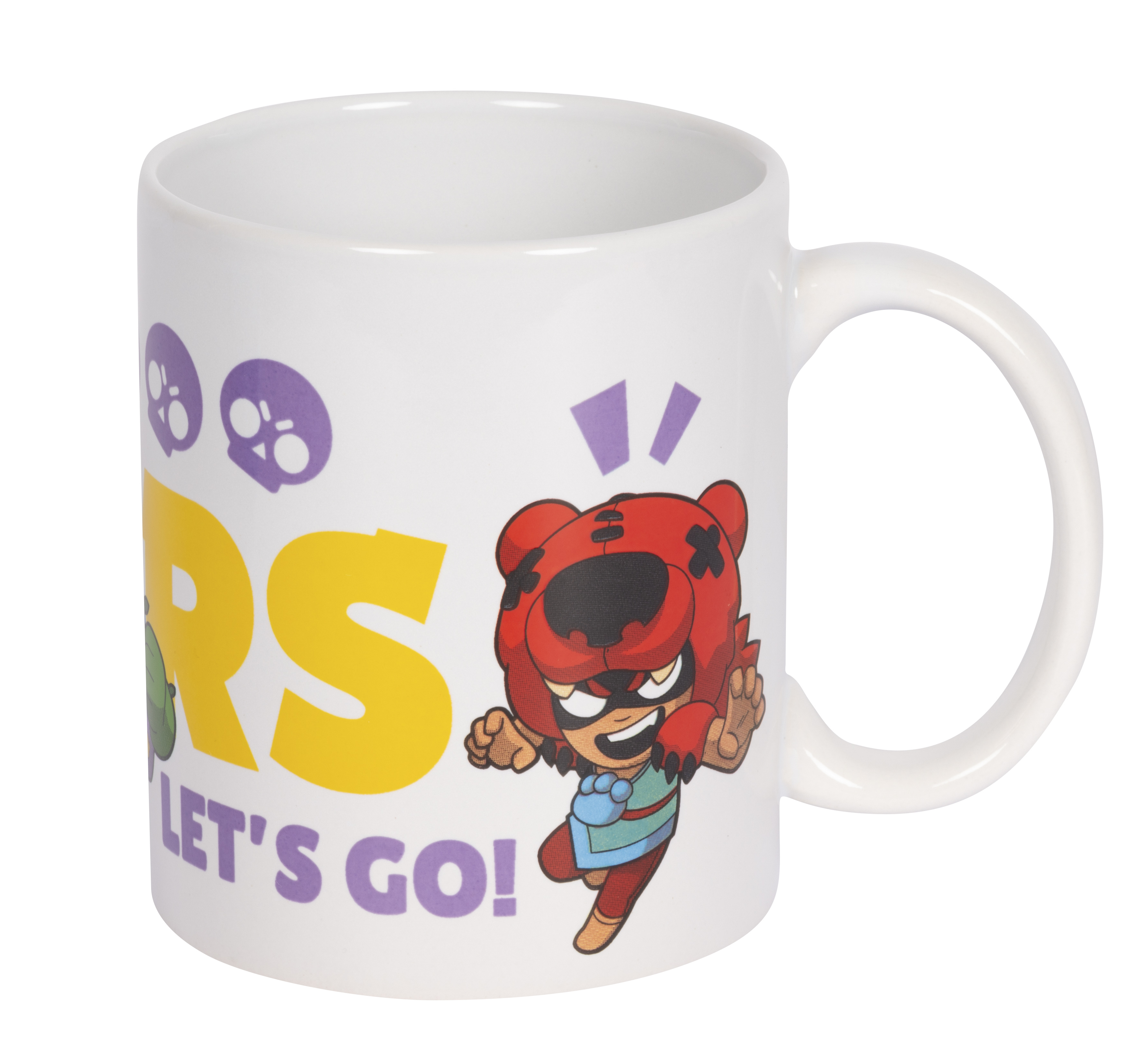 Weiße Tasse mit Brawl Stars-Motiv und Charakter Leon im Tigerkostüm.