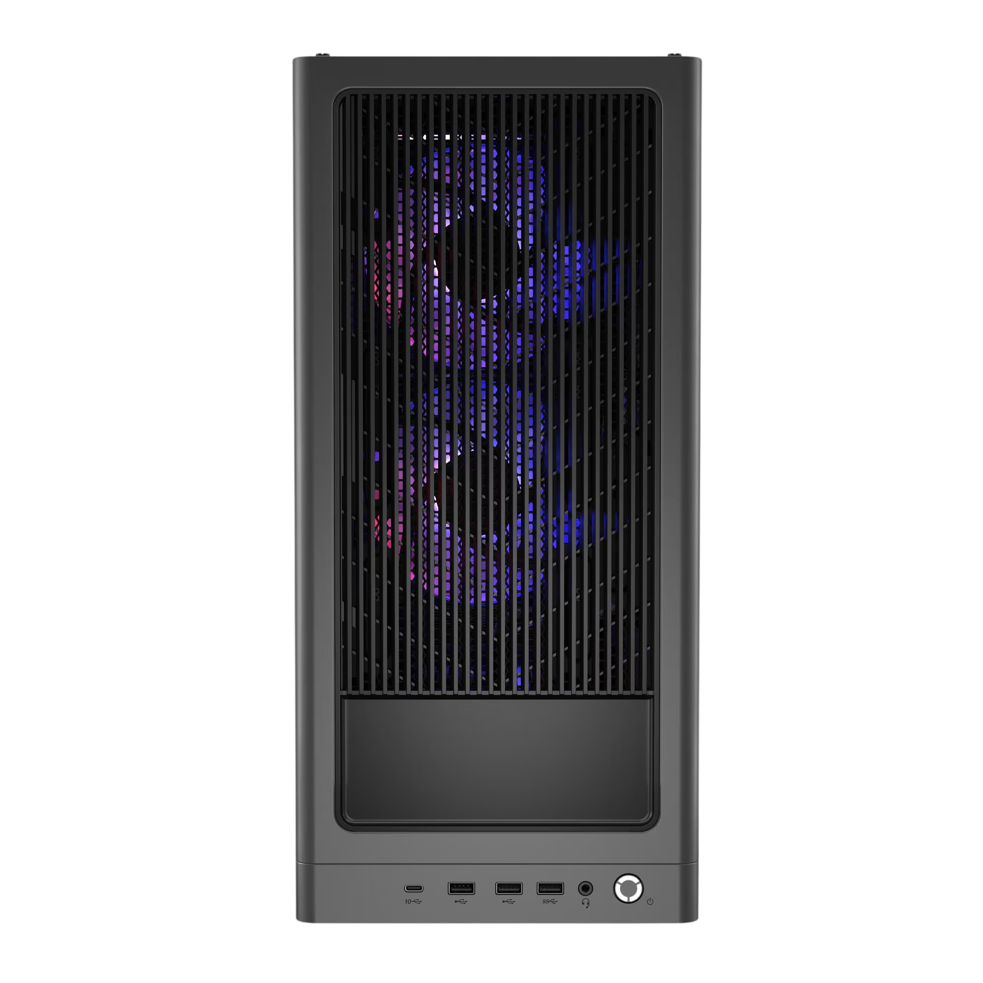 Grauer Computerturm mit Lüftern, die in Blau und Lila leuchten.