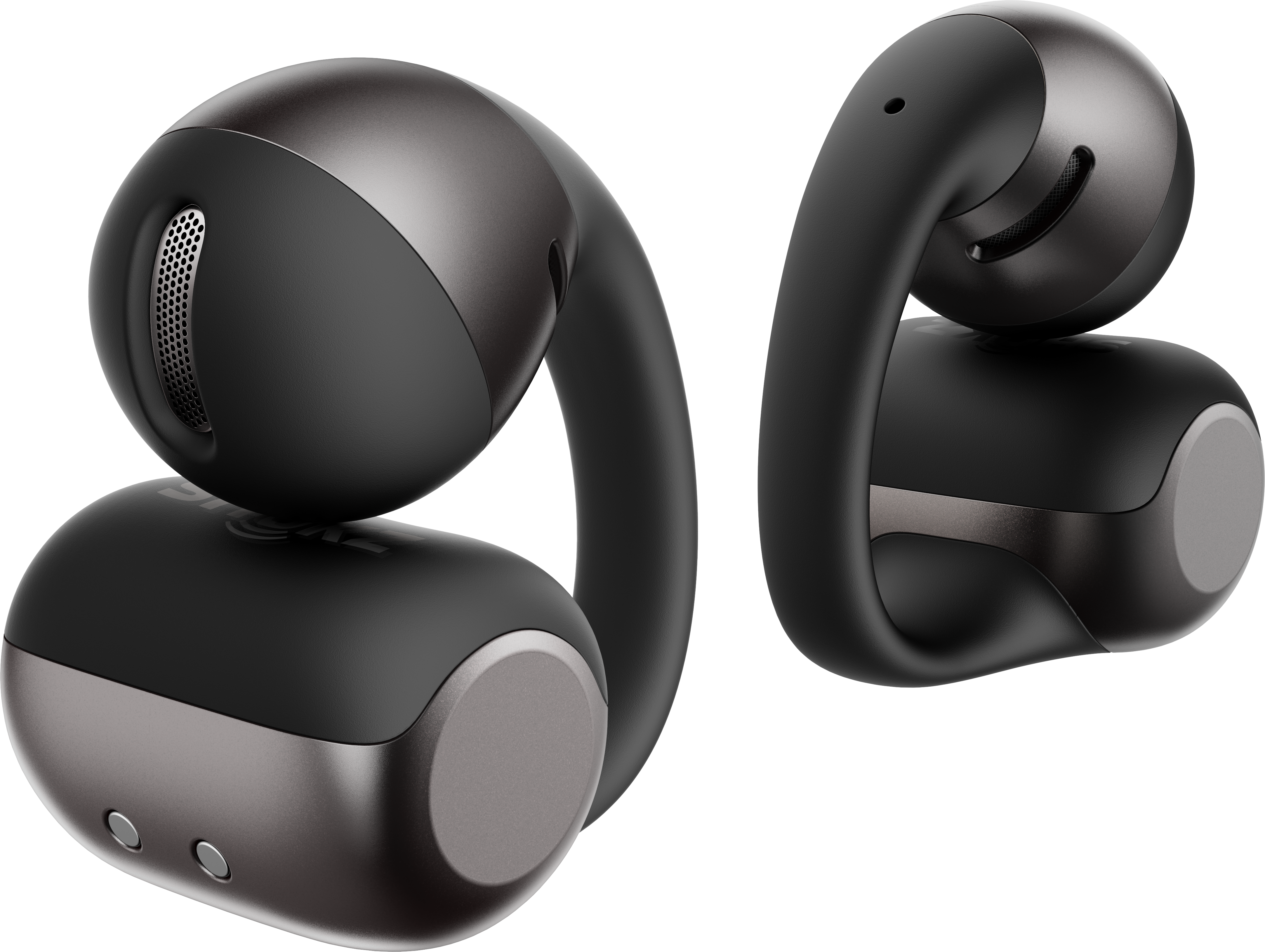 Due auricolari neri ed ergonomici con accenti metallici su sfondo nero.
