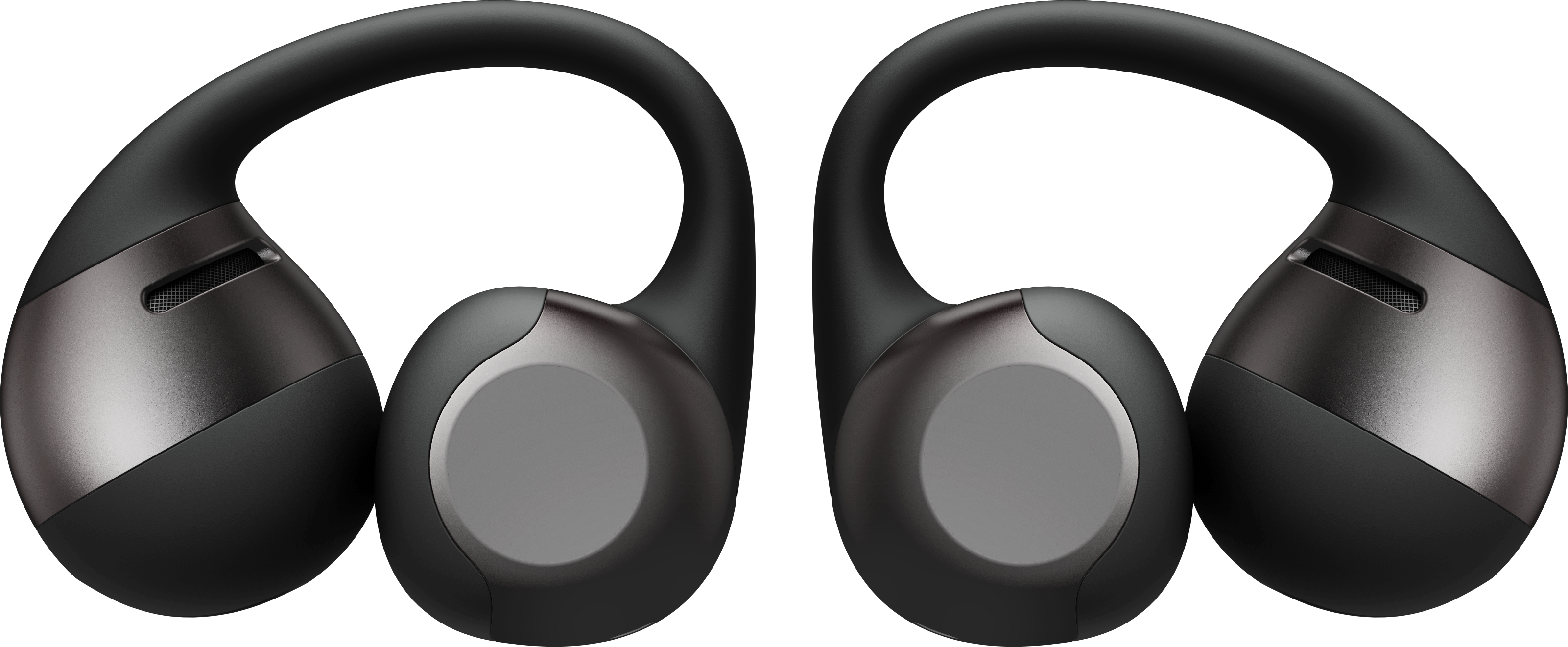 Due auricolari neri e grigi con ganci per le orecchie su sfondo nero.