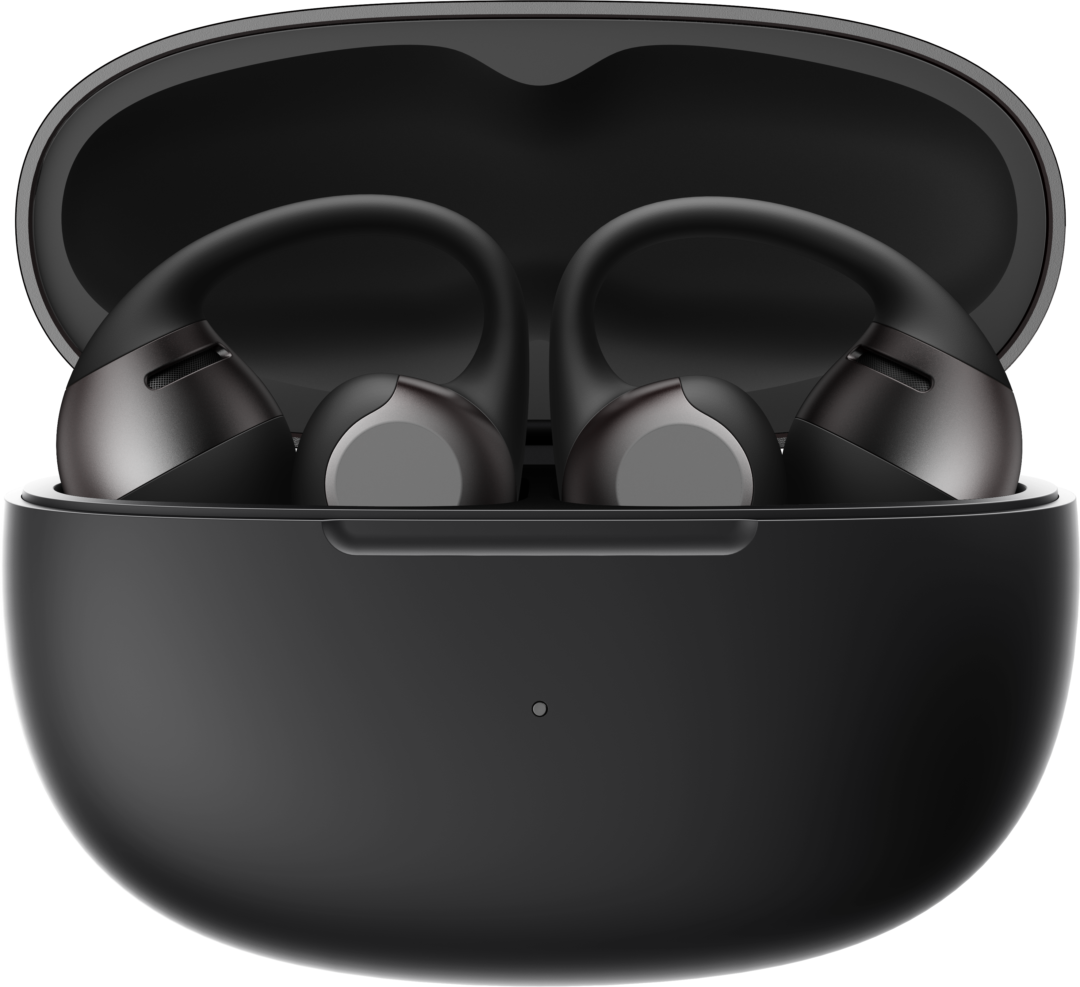Auricolari wireless neri con custodia di ricarica, aperti.