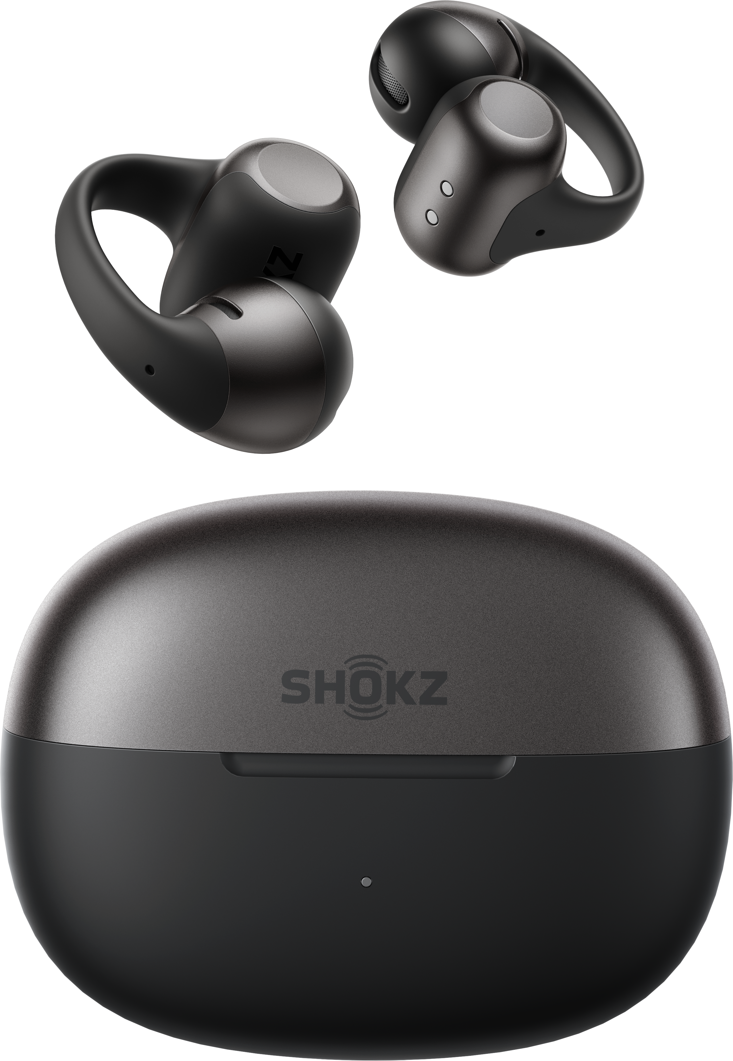 Due auricolari wireless neri e una custodia di ricarica con logo SHOKZ.