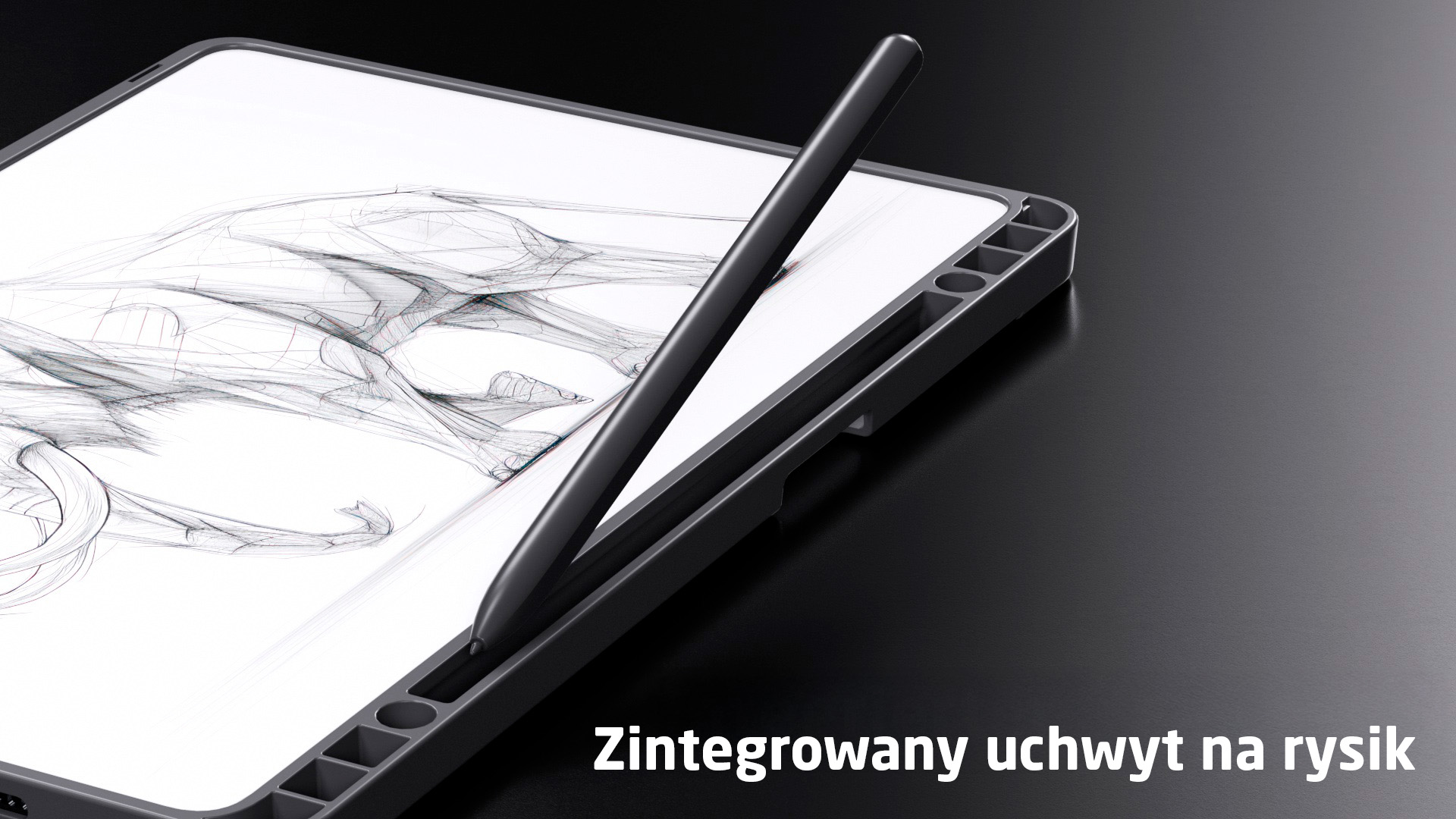 Czarny rysik spoczywa na tablecie z widocznym szkicem.