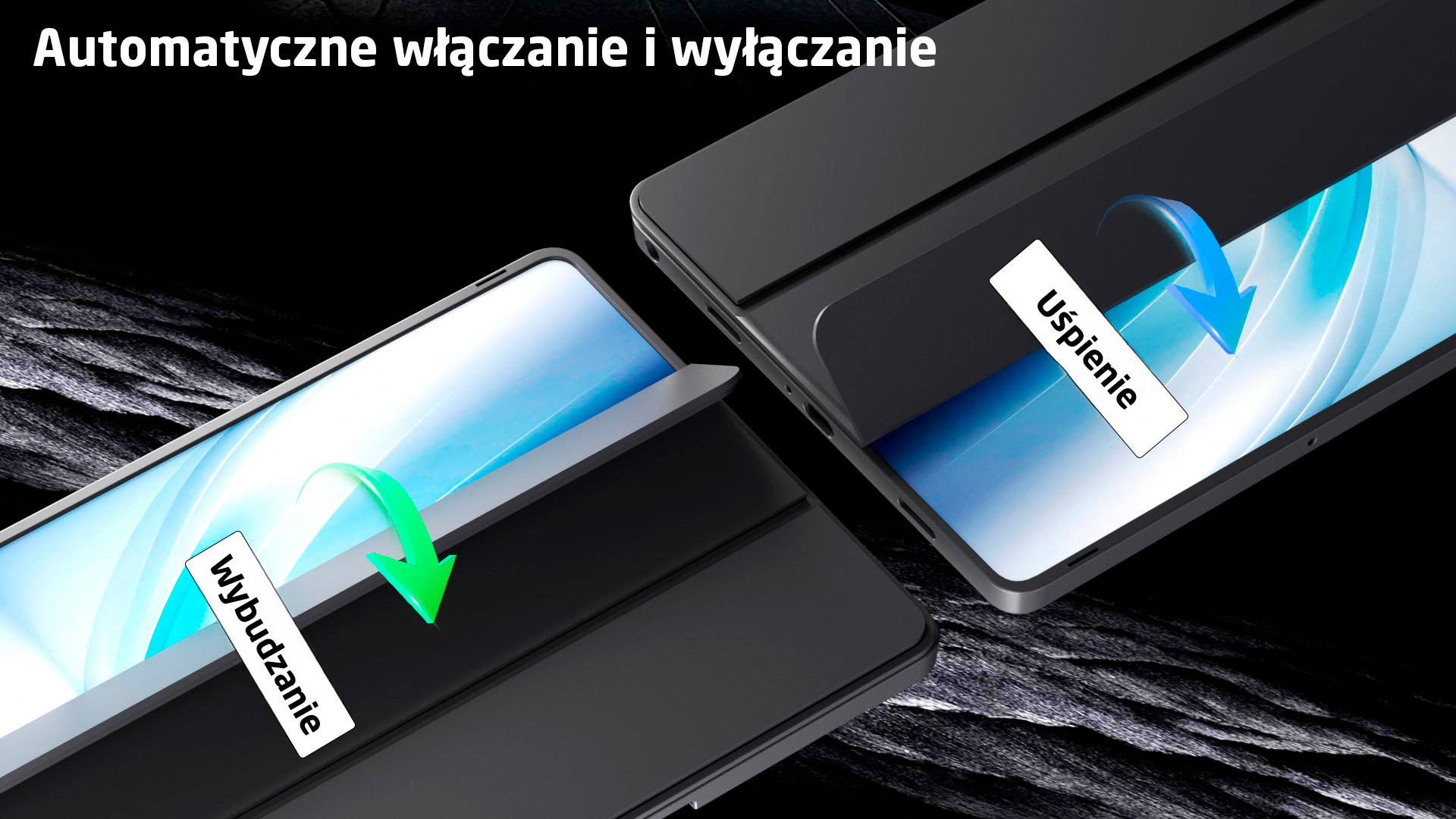 Dwa czarne etui pokazują automatyczne wybudzanie i usypianie ekranu.