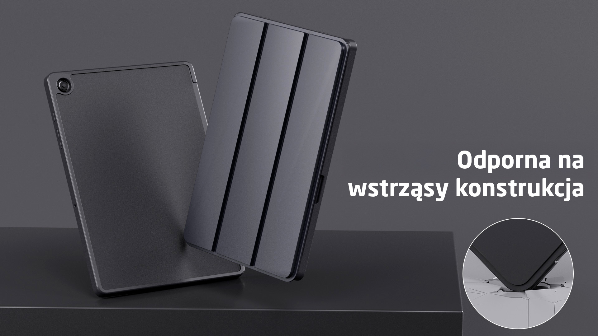 Dwie czarne okładki do tabletu na ciemnym tle. Jedna zamknięta, druga otwarta.