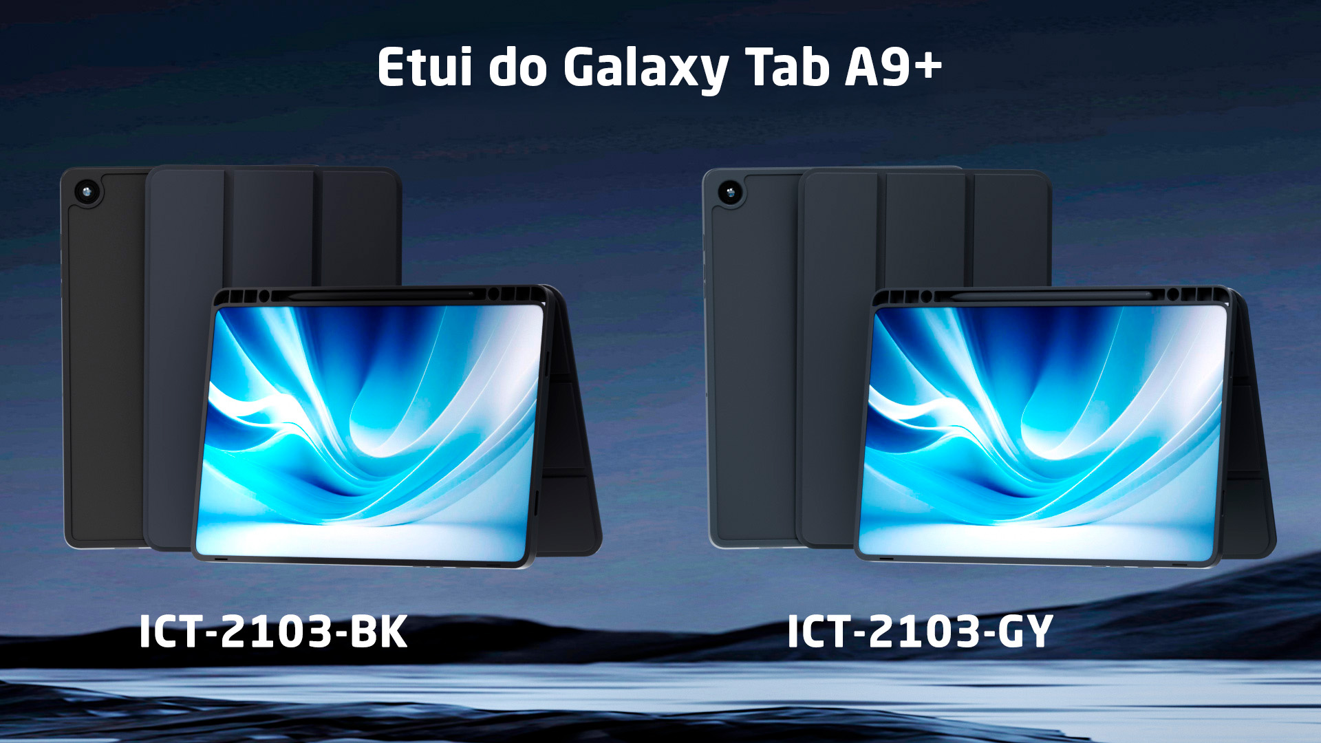 Dwa etui do Galaxy Tab A9+, czarne i szare, z tabletami.