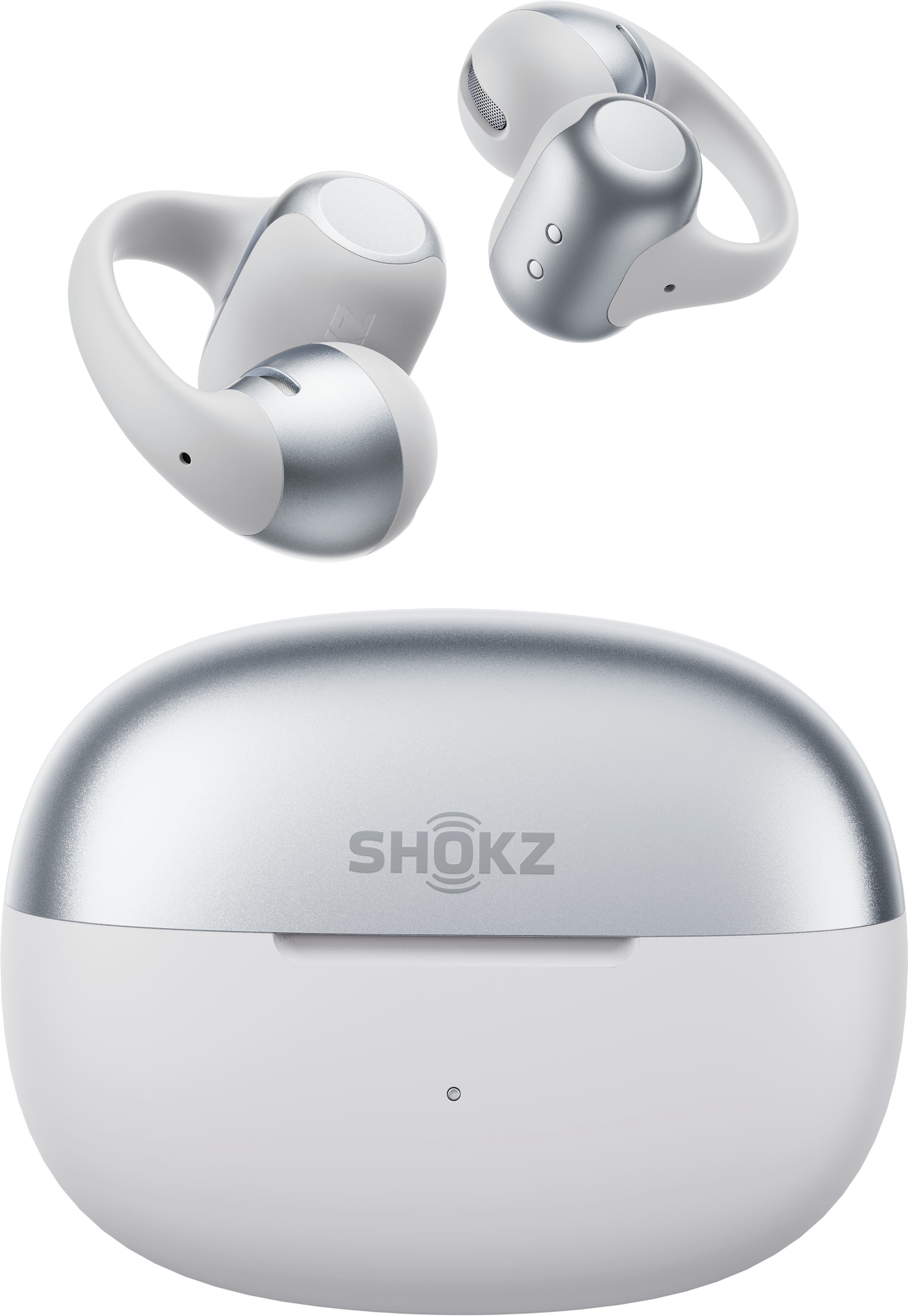 Weiße und silberne kabellose Ohrhörer mit Ladecase, Shokz-Logo.