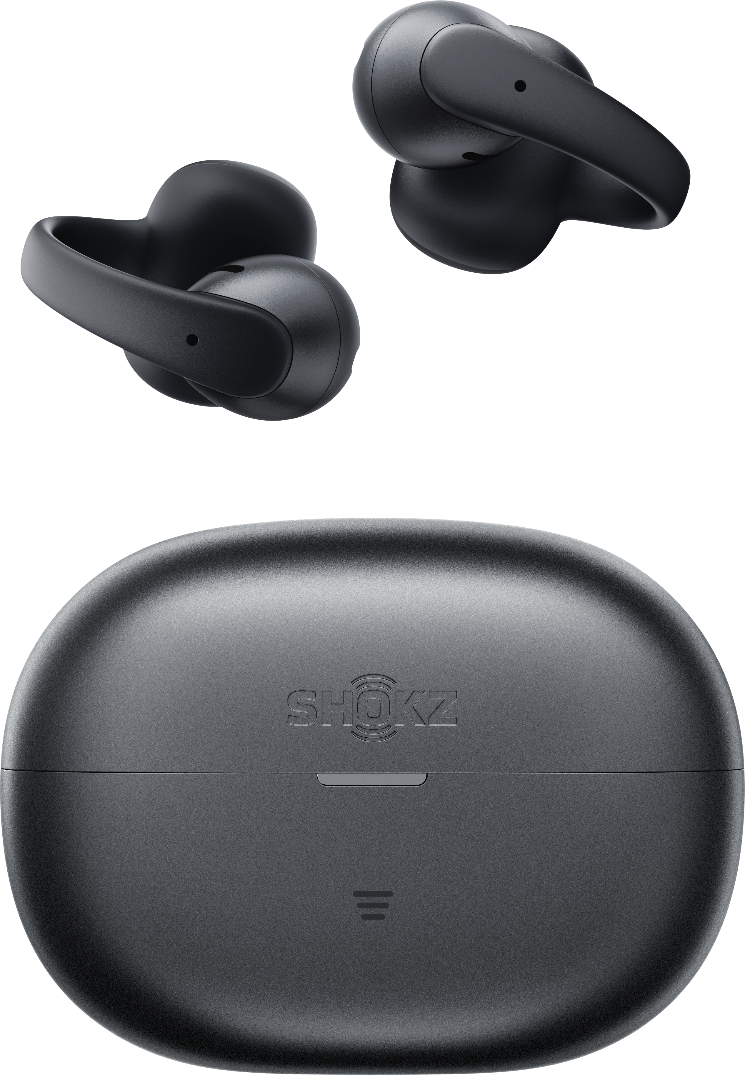 Zwei schwarze kabellose Ohrhörer über einem geschlossenen Ladecase mit SHOKZ-Logo.