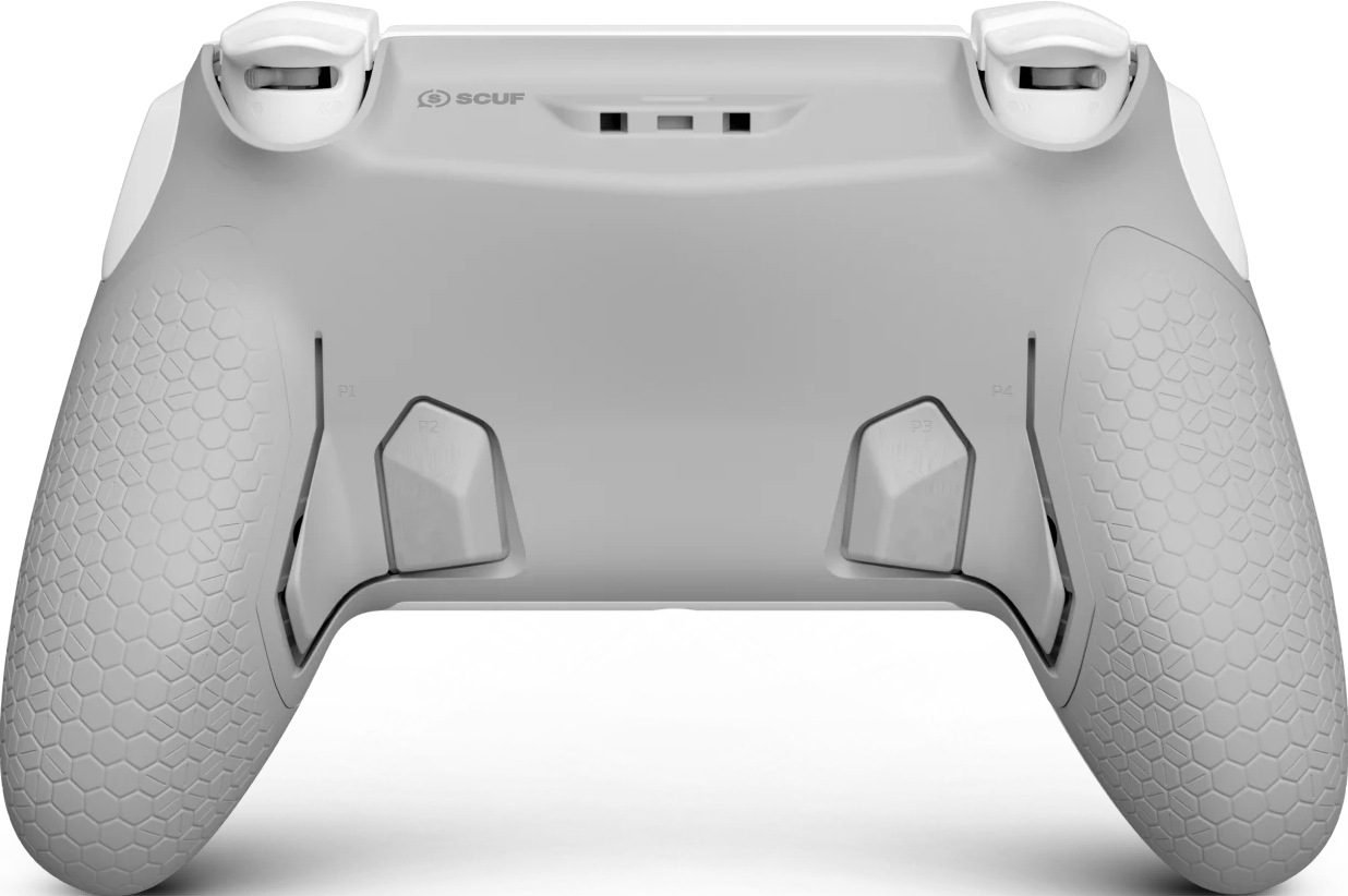 Vue arrière manette SCUF grise avec poignées nid d'abeille et palettes P1-P4.