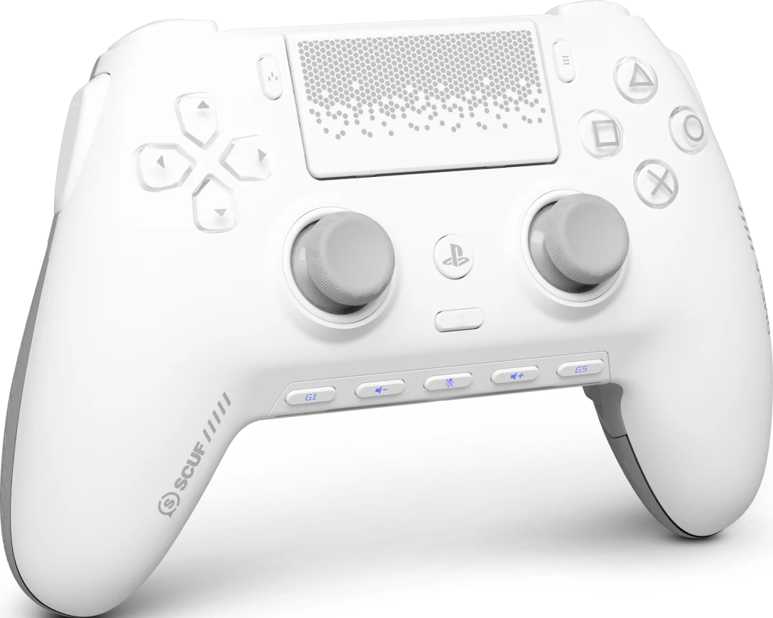 Une manette de jeu vidéo blanche et grise avec des boutons, des joysticks et un pavé tactile.