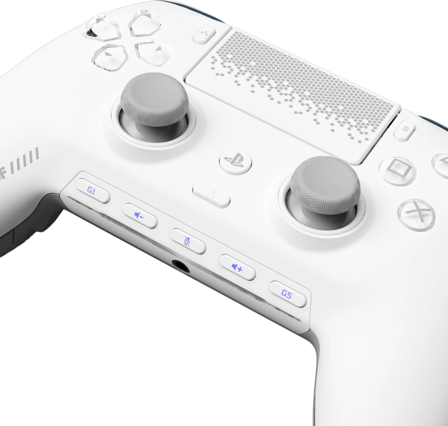 Une manette blanche avec joysticks et boutons gris sur fond noir.