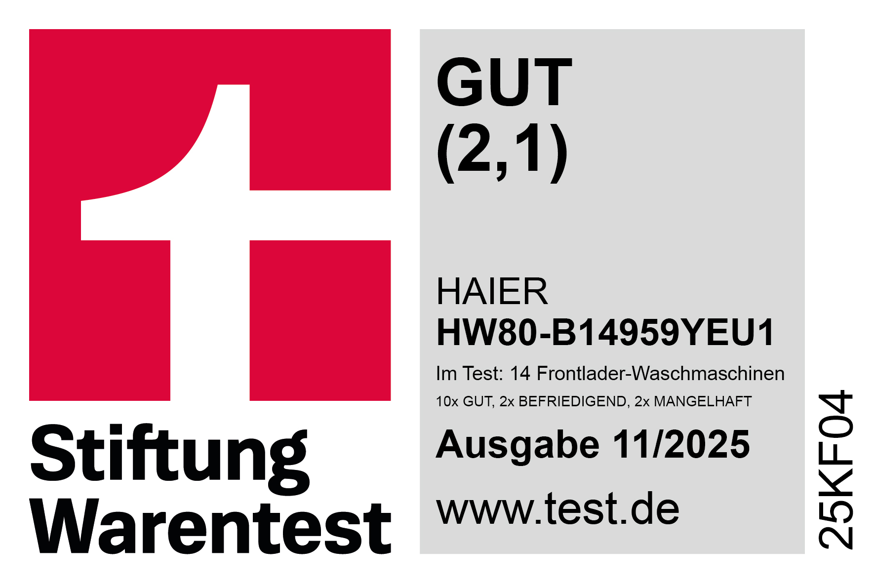 Stiftung Warentest Logo mit HAIER Waschmaschinen-Testergebnis GUT (2,1).