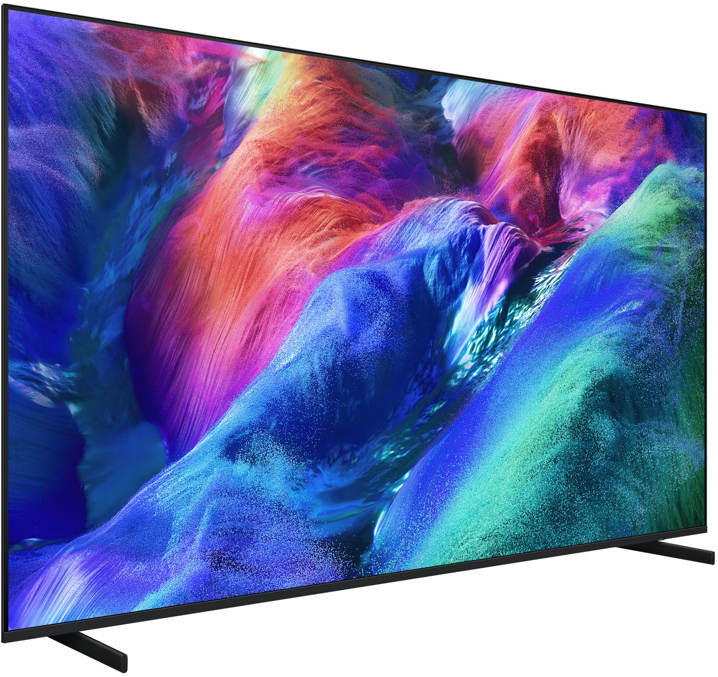 Egy modern televízió színes, absztrakt képet mutat kék, piros és zöld árnyalatokkal.