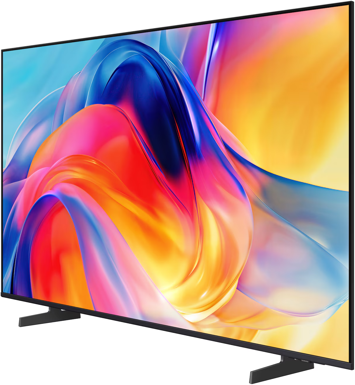 Egy modern televízió, amely absztrakt, színes képernyővédőt jelenít meg fekete képernyőjén.