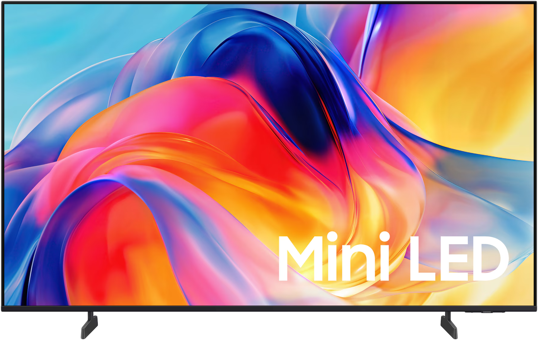 Egy TV élénk, absztrakt színörvényekkel és "Mini LED" felirattal.