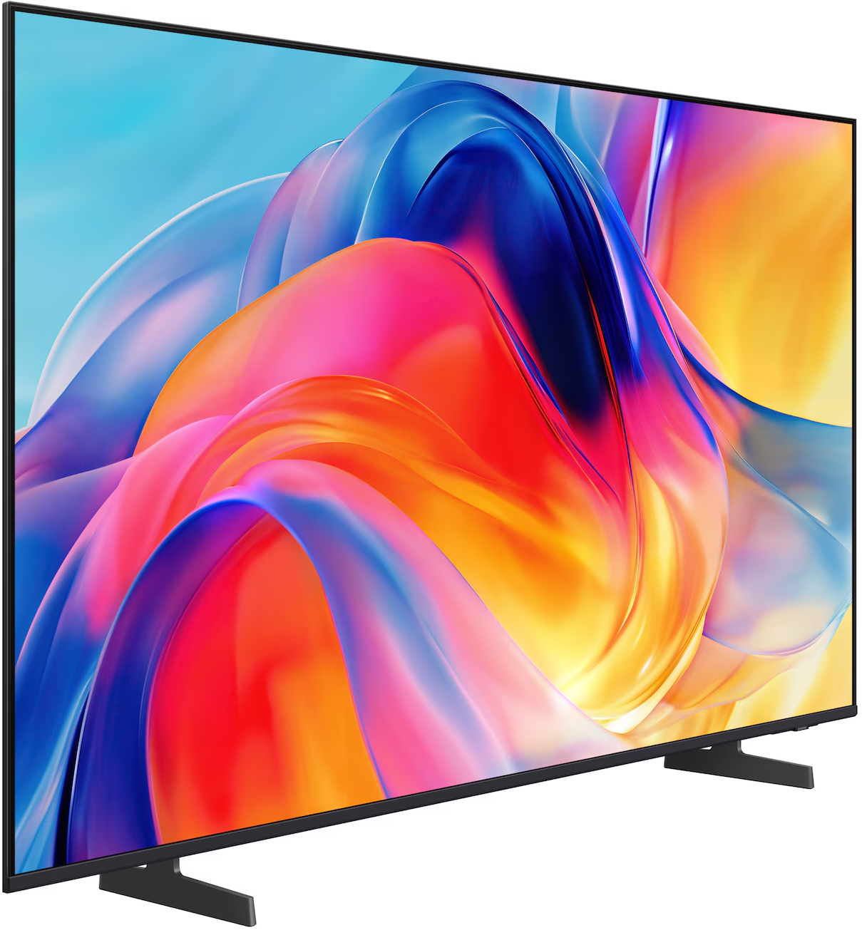 Egy modern televízió színes, absztrakt képernyővédővel a kijelzőn.
