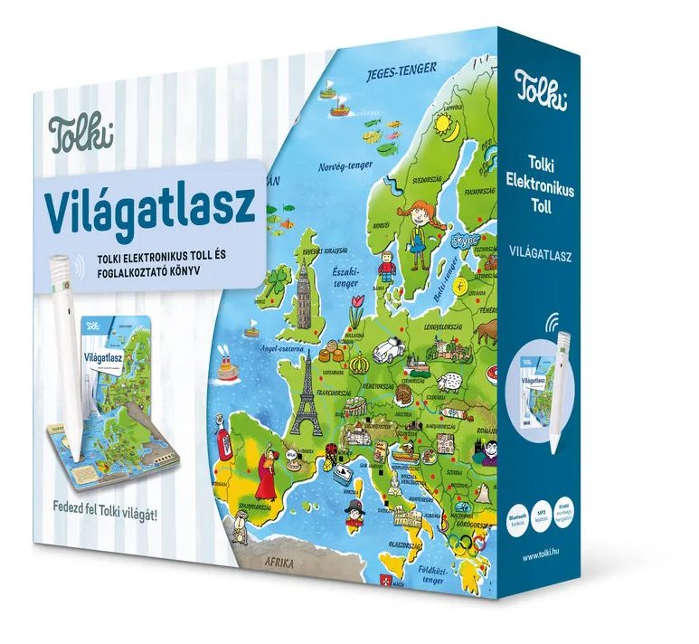 Egy Tolki elektronikus oktatójáték csomagolása Európa térképpel.