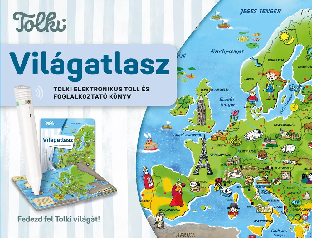 Egy Tolki elektronikus toll és egy könyv Európa térképpel és illusztrált ikonokkal.