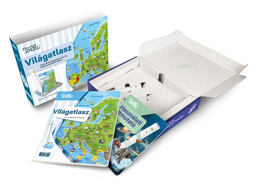 Interaktív világtérkép játék elektronikus tollal és útmutatóval dobozban.
