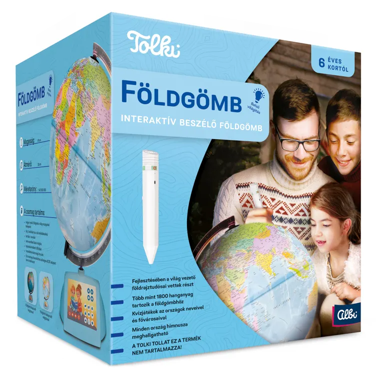 Család tanul a földgömbről interaktív tollal. Csomagolás látható.