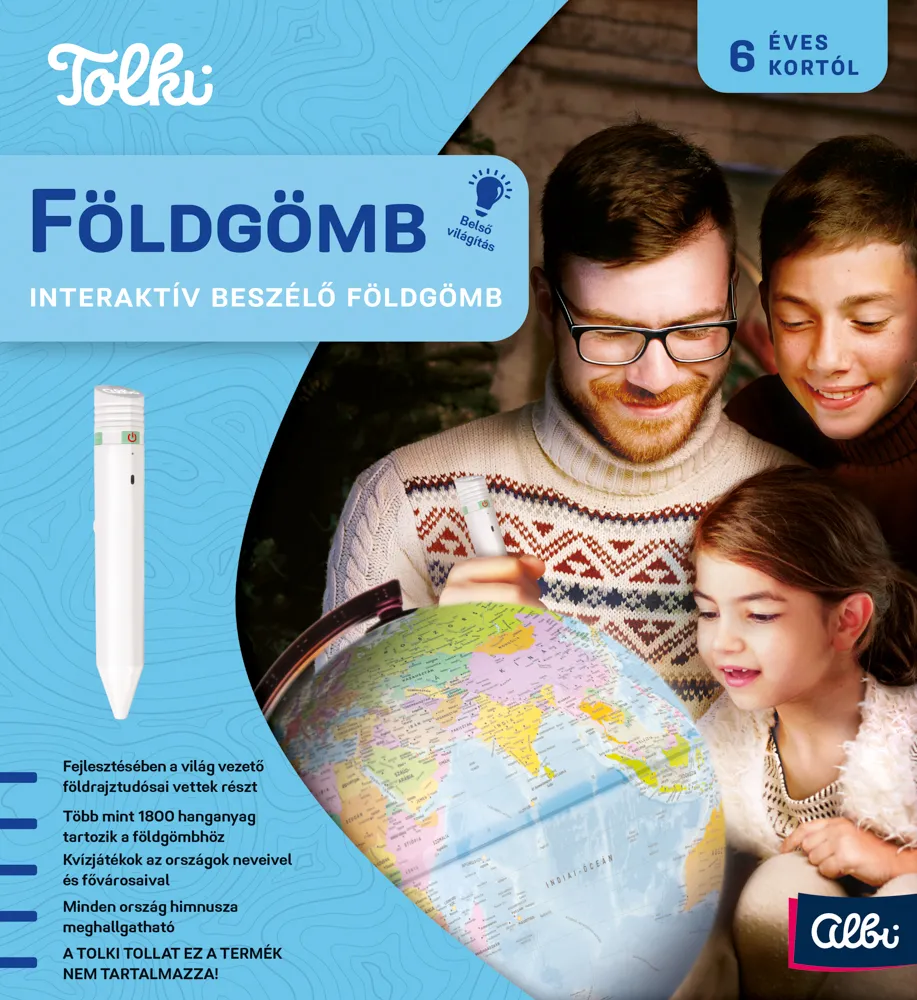 Férfi és gyerekek tanulnak beszélő földgömbről. Toll mellette.