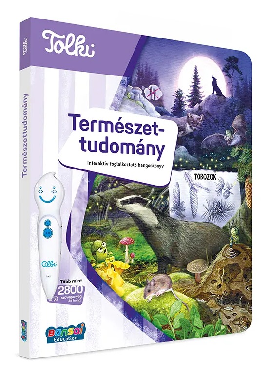 Interaktív ismeretterjesztő könyv, melyben borz, egér és denevér látható.