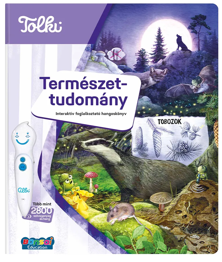 Könyvborító erdei állatokat, gombákat, denevéreket, farkast holdfényben ábrázol.