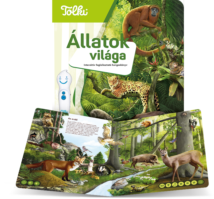 Egy könyv dzsungel állatokkal és erdei jelenettel. Közelben egy beszélő toll.