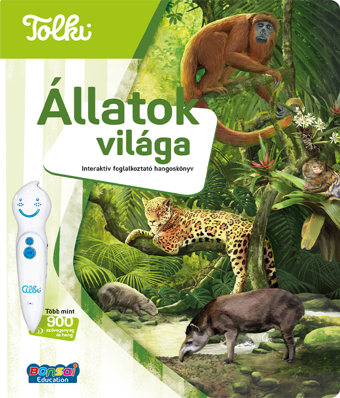 Könyvborító majommal, jaguárral, tapírral és kapibarával dzsungelben.