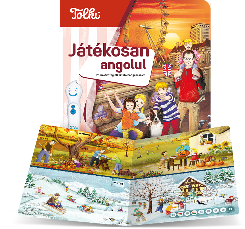 Egy könyv olvasó tollal és őszi, téli évszakok jeleneteivel.