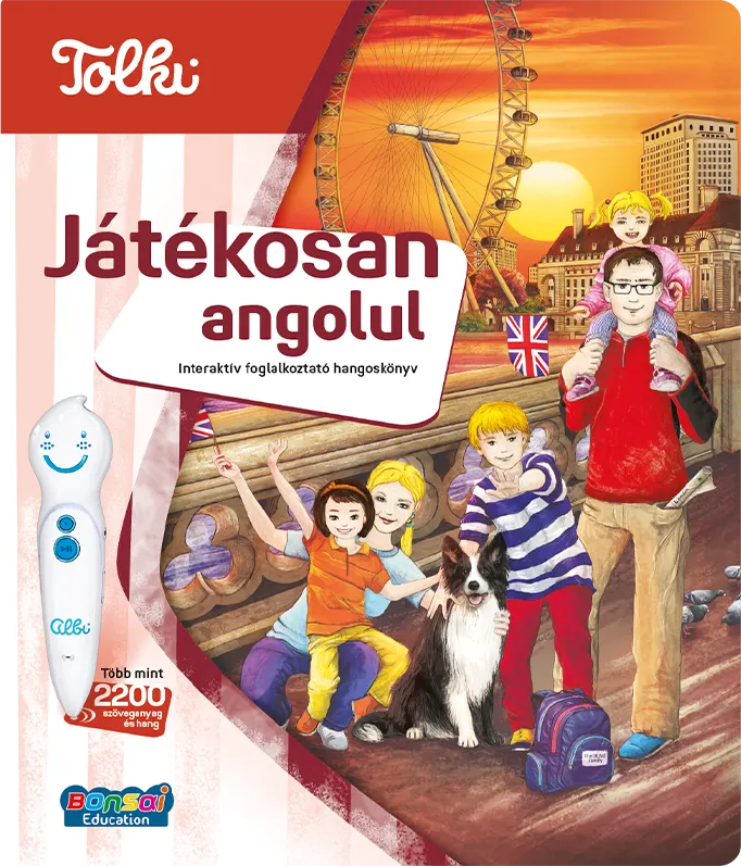 Család a London Eye előtt, egy beszélő toll és egy könyv.