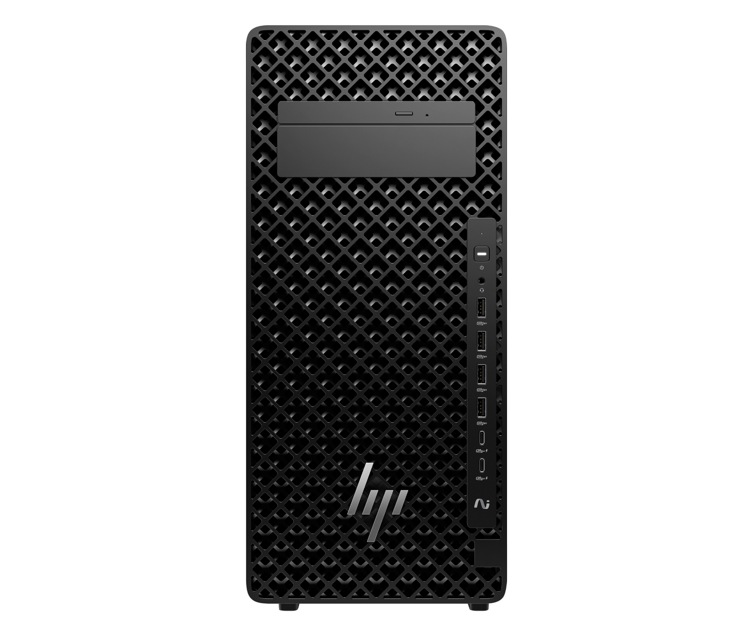 Torre HP negra con patrón de rejilla, puertos USB y botón de encendido.