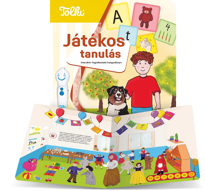 Színesen illusztrált gyermekkönyv lap fiúval, kutyával, fákkal és tanulójátékokkal.