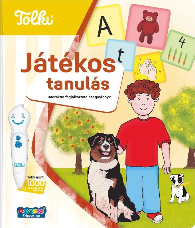 Egy fiú és három kutya fák között egy zöld mezőn.