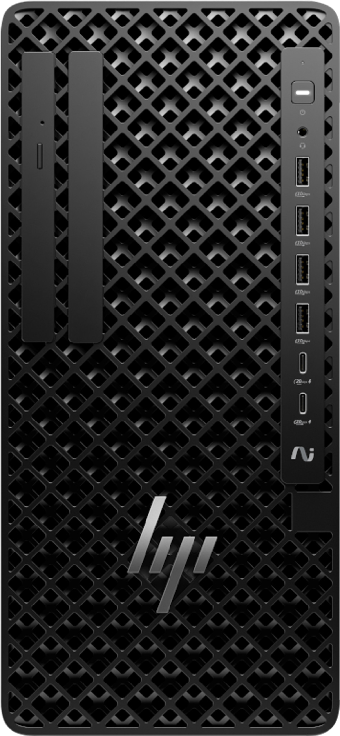 Ordenador HP negro con panel frontal ventilado y puertos.
