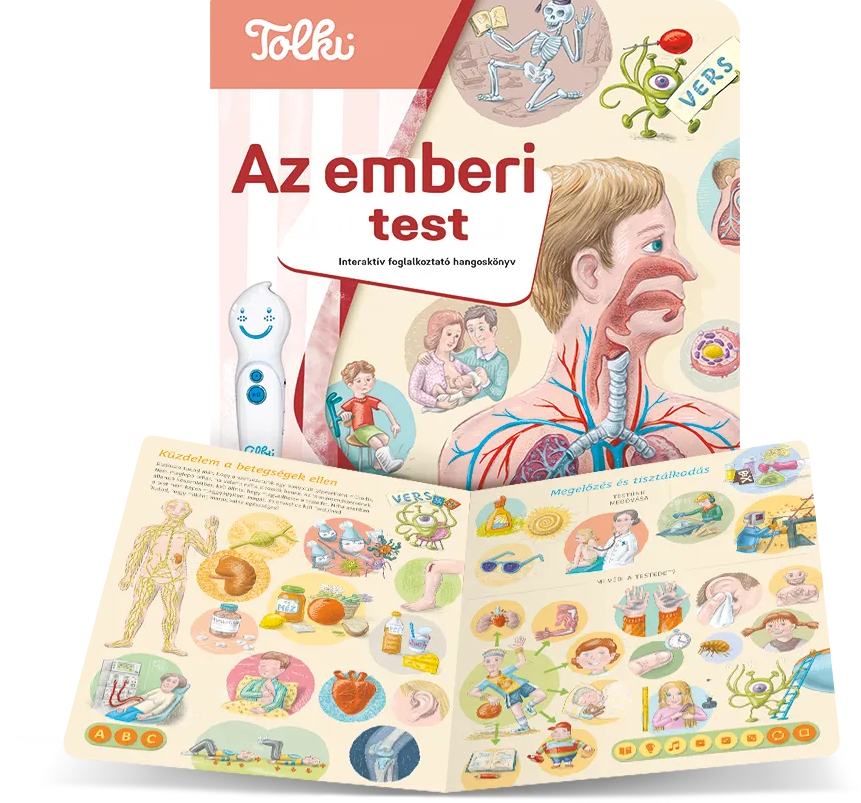 Interaktív könyv az emberi testről, szervek, családok és orvosi témák illusztrációival.