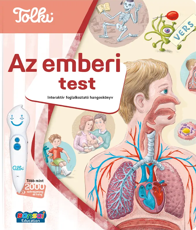 Könyvborító anatómiai illusztrációkkal, csontvázzal, aliennel és tanuló tollal.