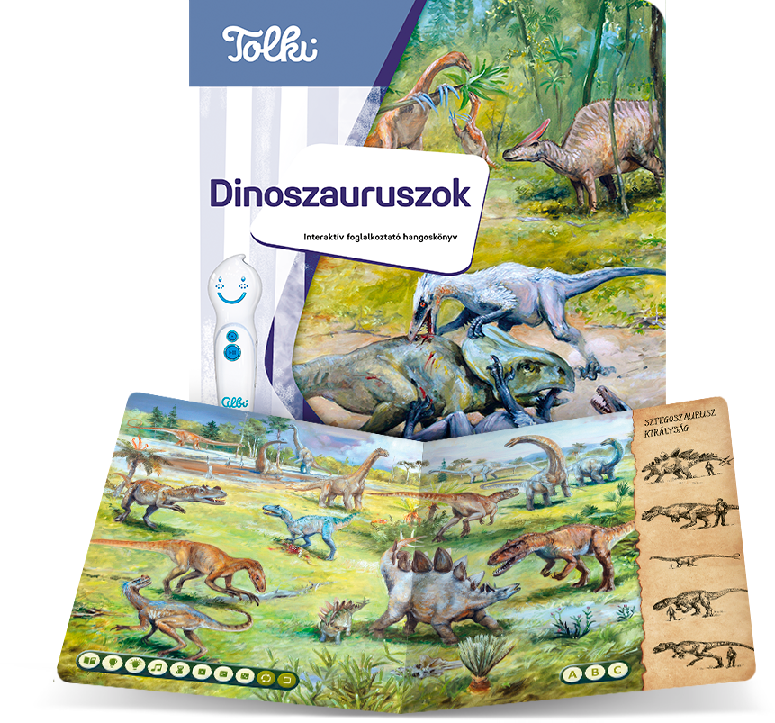 Dinoszauruszos könyv interaktív tollal. Sokféle dinoszauruszt ábrázolnak.