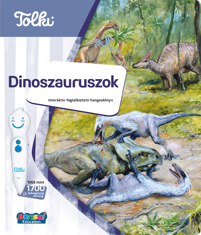Könyvborító dinoszauruszokkal, köztük Tyrannosaurus Rex és Triceratops.
