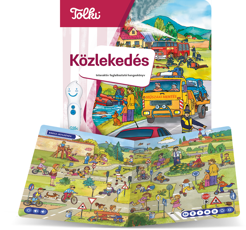 Interaktív könyv tűzoltósággal és közlekedési jelenetekkel.