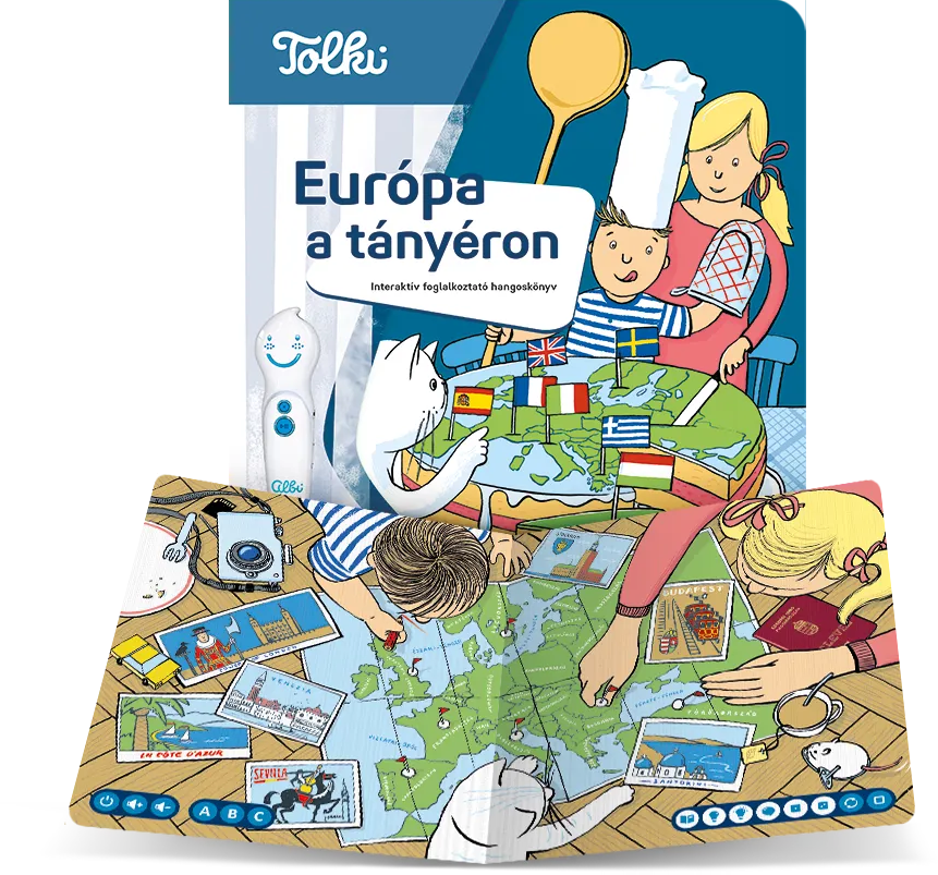 Illusztráció gyerekekről, akik zászlókkal és képeslapokkal fedezik fel Európa térképét.