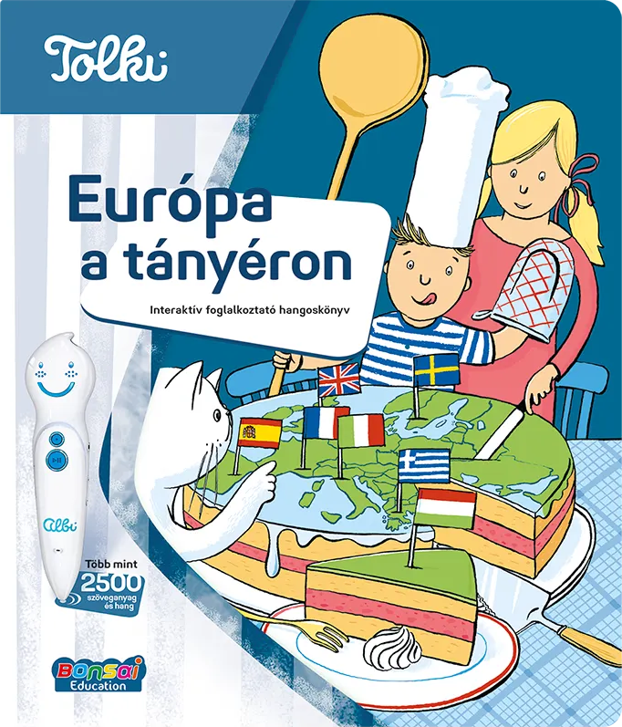 Gyerekek és macska tortán Európa-térképpel és zászlókkal.
