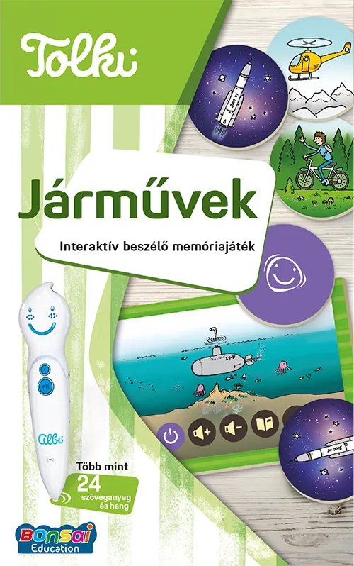 Fehér toll arccal, a "Járművek" cím felett. Kerek képek űrhajót, helikoptert, biciklist és tengeralattjárót mutatnak.