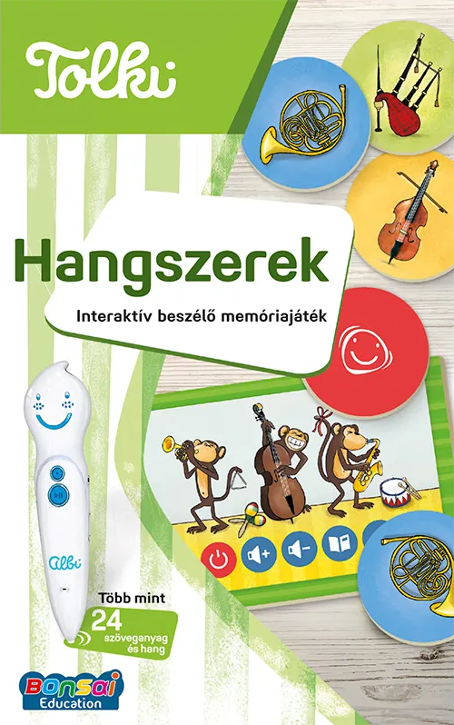 Játék toll és színes körök hangszerekkel és majmokkal.